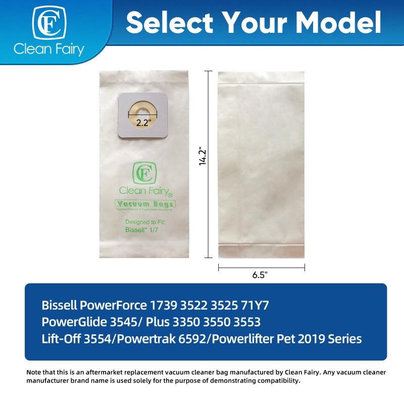 CF Clean Fairy 20Pack Replacement Bissell Style 1&7 Bags for PowerForce 1739 3522 3525 71Y7 PowerGlide 3545 Plus 3350 3550 3553 Lift-Off 3554 Powertrak 6592 Powerlifter Pet 2019 Series Upright Vacuums - Image 2